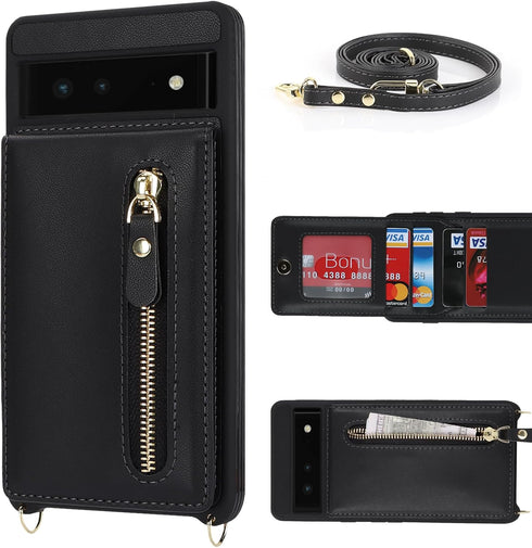 for Google Pixel 6 Case with Card Holder for Women,Pixel 6 Phone Case Wallet with Strap Credit Card Slots Crossbody with Kickstand Zipper Shockpro...