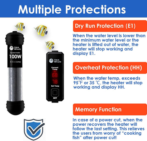 AquaMiracle Upgraded 100W Small Aquarium Heater Fish Tank Heater Turtle Heater Super Mini Aquarium Heater, Dry-Run/Overheating Protection and Memo...