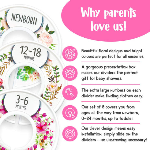 Eli with Love Baby Closet Dividers (Floral) – Fits 1.5" Rod - Set of 8 Baby Clothes Organizers – Organize Nursery Hangers Size/Age...