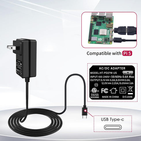 GeeekPi 27W Power Supply for Raspberry Pi 5, PD Adapter USB C 5.1V 5A Power Adapter for Raspberry Pi 5 8GB 4GB...