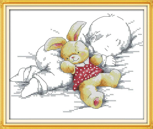 Amiiba Stamped Cross Stitch Kits, Baby Boy Asleep Rabbit DIY 11CT 13.7x10.6 inch (Baby)...