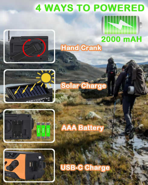 Emergency Weather Radio, Hand Crank, Portable, Solar Charging, with AM/FM/NOAA, LED Flashlights, Reading Lamp, SOS Alarm, Rechargeable (WB02 Yello...