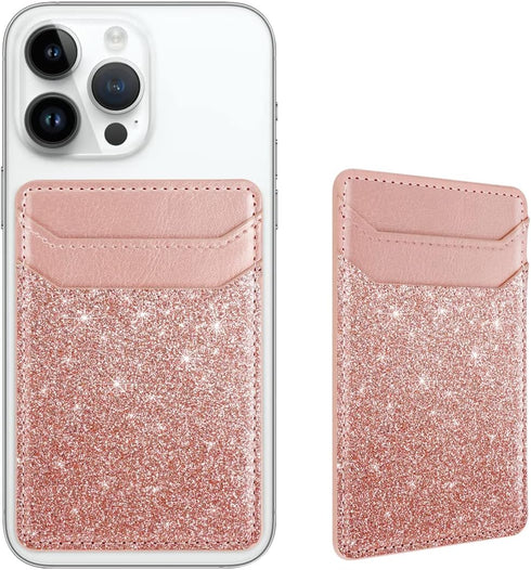 Glitter Self Adhesive Card Holders for Back of Phone, Leather RFID Phone Wallet Pockets Stick On, Credit Card Holders Sleeve for Phone Case, Rose ...