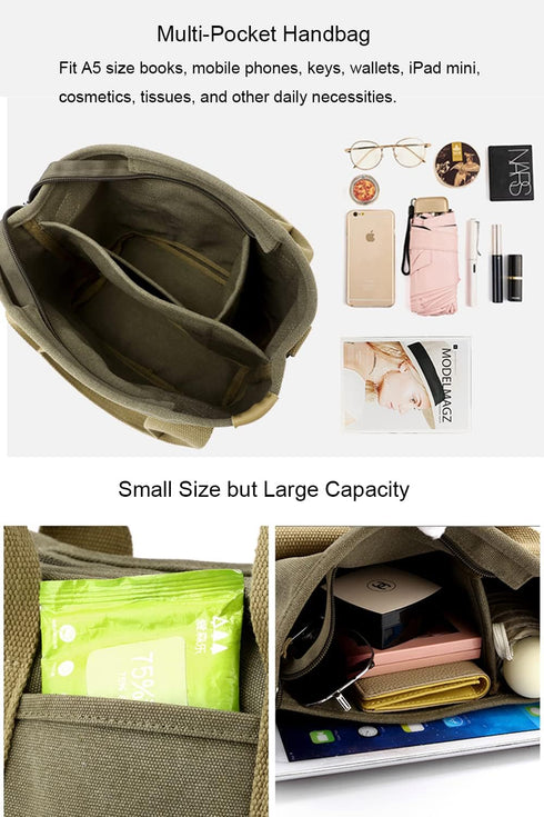 Handbag for Women Small Multi-Pockets, Canvas Mini Tote Shoulder Bags with Zipper, Satchel Hobo Bag for Travel Work...