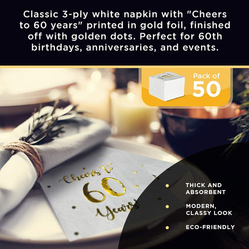 Cheers to 60 Years Cocktail Napkins | Happy 60th Birthday Decorations for Men and Women and Wedding Anniversary Party Decorations | 50-Pack 3-Ply ...