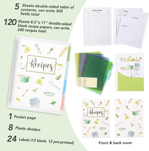 Recipe Book to Write in Your Own Recipes, 8.5" x 11" Personal Blank Recipe Notebook, Removable Hardcover Recipe Journal Book Binder with 8 Divider...