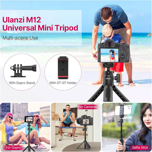 ULANZI M12 Extendable Selfie Stick for Gopro, Portable Vlog Cell Phone Tripod Stand with Phone Mount and Gopro Adapter, Mini Hand Grip Compatible ...