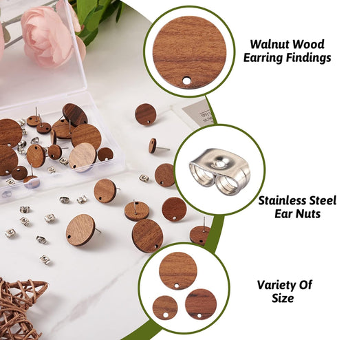 Pandahall 18 Pairs Flat Round Walnut Wood Earring Studs 3 Sizes Wooden DIY Making Kits with Stainless Steel Ear Nuts for Handmade Earrings...
