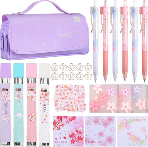Crtiin 74 Pcs Kawaii Cherry Blossom Stationery Set Japanese Kawaii Pencil Bag Mechanical Pencil Cherry Erasers Pencil Refill and Stickers for Scho...