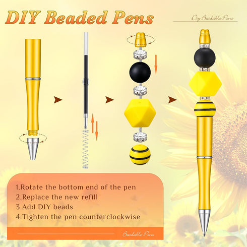 24 Pcs Plastic Beadable Pens Bead Pens Leopard Print Sun Flower Silicone Beads Pens 50 Spacer Beads DIY Black Ink Ballpoint Pen for Women Kids Off...