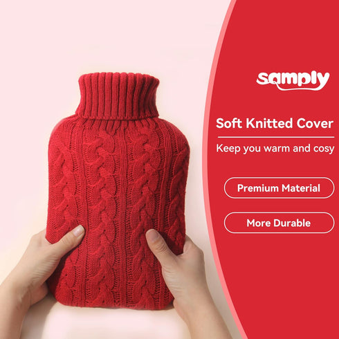 samply Hot Water Bottle with Knitted Cover, 2L Hot Water Bag for Hot and Cold Compress, Hand Feet Warmer, Ideal for Menstrual Cramps, Neck and Sho...