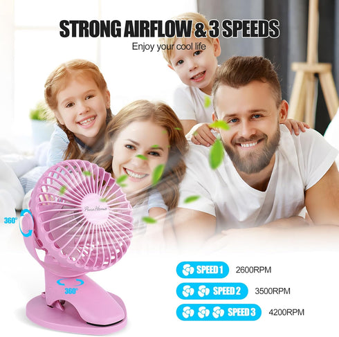 Portable Clip Fan Battery Operated,3 Speeds USB Rechargeable Mini Table Fan with Strong Airflow,360°Rotation Ultra Quiet Personal Desk Fan for Hom...