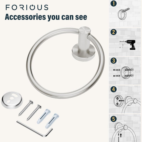 FORIOUS Brushed Nickel Towel Ring, SUS304 Stainless Steel Hand Towel Holder for Bathroom Wall Mounted, Modern Towel Hanger, Towel Rack Round, Ring...