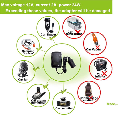 12V Power Supply AC to DC Converter Wall Plug to Car Cigarette Lighter Power Adapter, 110V-240V to 12V Current 2A Max Power 24W Max for Car Shaver...