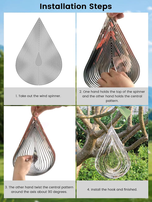 1 PCS Water Drop Stainless Steel Wind Spinners, Reflective Wind Spinners, 3D Hanging Wind Spinner Sparkly Metal Wind Spinner,Wind Sculptures, Bird...