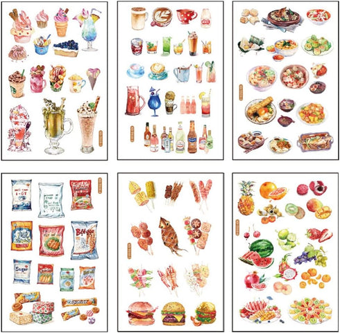 12 Sheets Food Drink Dessert Fruits Snacks Ice Cream Washi Sticker Set DIY Craft Label for Scrapbooking Journaling Collage Card Making Kids Adults...