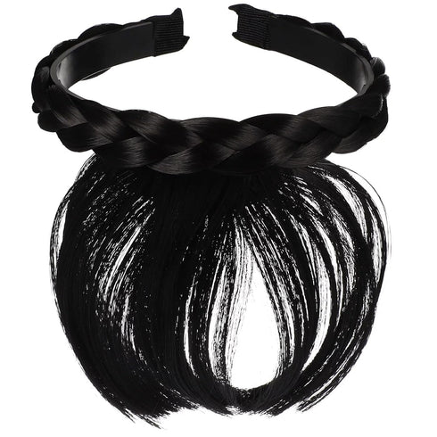 1Pc Black Fake Bangs Hairband,Women Girls Fringe Bangs with Double Row Braids Headband Hair Extensions Hair Styling Tools,Hair Accessories,Women's...