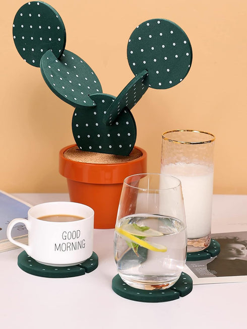 Coasters Cactus Set of 6 DIY Funny Coasters for Drinks with Flowerpot Holder,Novelty Coasters Cactus Gifts for Bar Home Decor (Green with Point)...