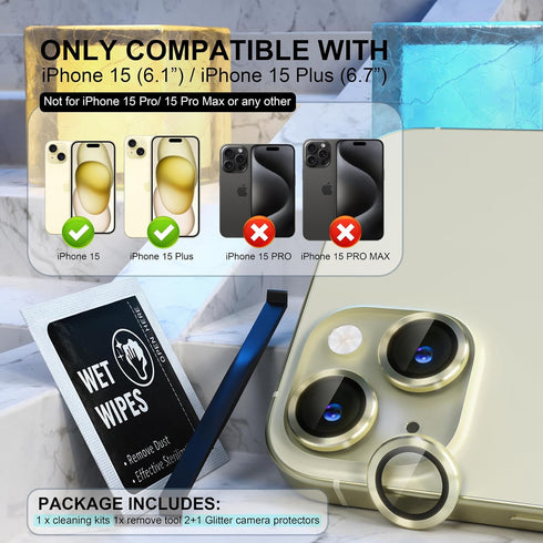 Choiche Compatible for iPhone 15 /iPhone 15 Plus Camera Lens Protector, 9H Tempered Glass Camera Cover Screen Protector Metal Ring Decoration Acce...