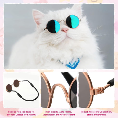 8 Pcs Pet Dog Cat Costume Halloween Dog Neck Tie Dog Sunglasses for Small Dog Cat Round Metal Classic Retro Sunglasses Tie Pet Costume Tuxedo Neck...
