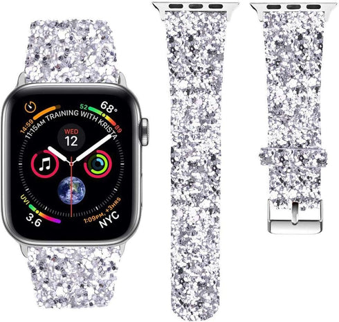 iiteeology Compatible with Apple Watch Band 46mm 45mm 44mm 42mm, Glitter Shiny Bling Leather Band for iWatch Series 10/9/8/7/6/5/4/3/2/1/SE - Silv...