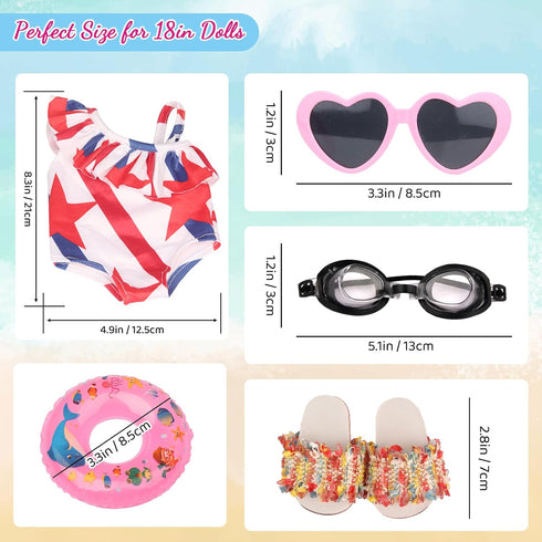 18 Inch Doll Summer Outfits Set, Vibrant Doll Swimming Playset for American doll Girls, includes Doll Bikini Swimsuits, Heart-shaped Sunglasses, G...