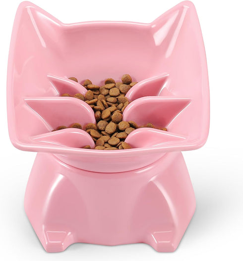 Small Elevated Slow Feeder Cat Bowl, Cute Tilted Elevated Bowls and Dishes for Cats & Small Dogs, Whisker Friendly, Anti Vomiting Raised Pet Bowl ...
