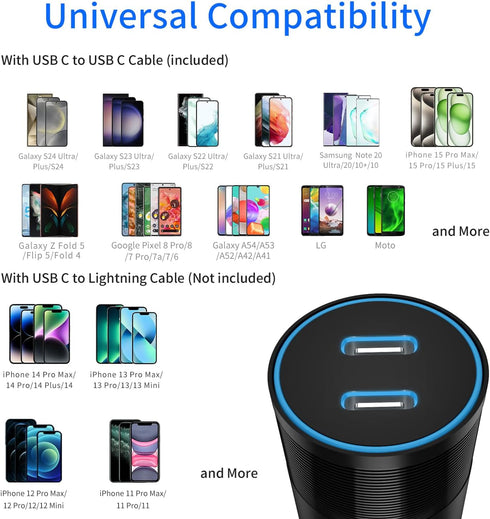 USB C Super Fast Car Charger, 60W 2-Port Fast Charging Adapter Plug + Type C to C Cable 2 Pack for Samsung Galaxy S24 5G, S24 Ultra, S24 Plus, S23...