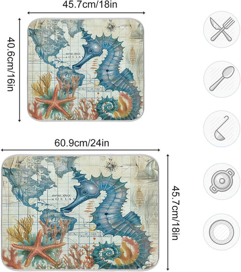 Nautical Ocean Seahorse Dish Drying Mat for Kitchen Counter 16x18 in Retro Map Microfiber Drying Mats Absorbent Reversible Dish Pad Medium Dish Dr...