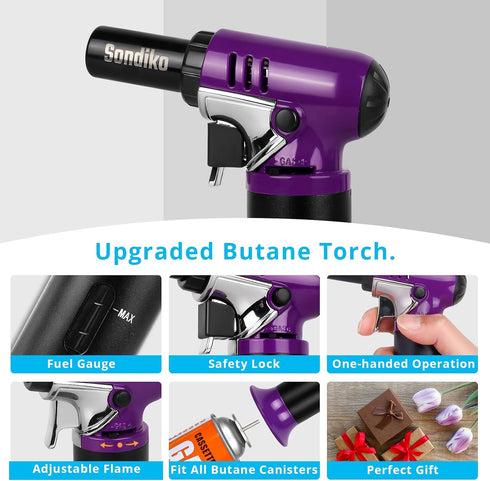 Sondiko Butane Torch with Fuel Gauge S907, Refillable Soldering Torch Lighter with Adjustable Flame for Welding, Resin Art, Industrial, Purple & B...