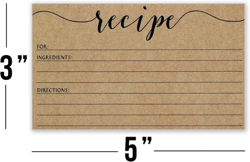 Recipe Cards - Size 3x5 - Small Kraft Brown Lined Kitchen Note Card for Recipe Box - Set of 50...