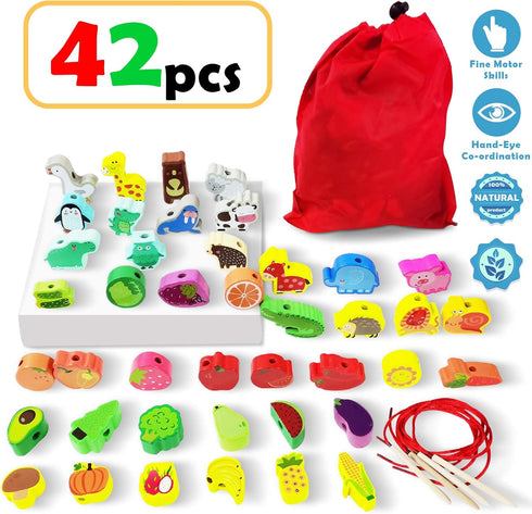 46Pcs Wooden Animals Fruits Vegetables String Threading Beads,Include 42Wooden Lacing Beads 4String Ropes,Montessori Toddler Preschool Activities ...