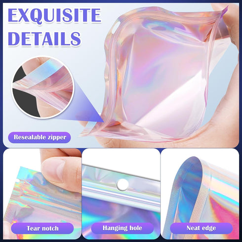JETMORE 100 Pcs Mylar Bags, Smell Proof Bags with Clear Window, Holographic Bags for Snack, Cookie, Jewelry, Candy, Gift, Resealable Bags for Smal...