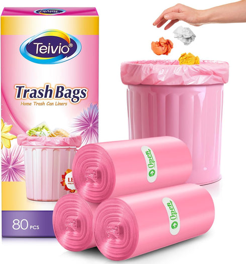 2 Gallon 80 Counts Strong Trash Bags Garbage Bags by Teivio, Bathroom Trash Can Bin Liners, Small Plastic Bags for home office kitchen, Pink...