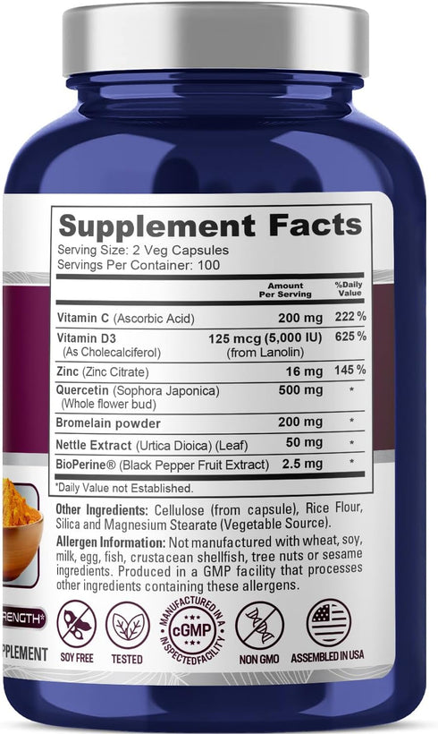 NusaPure Quercetin complex: Bromelain, Vitamin C, Vitamin D3, Stinging Nettle, Zinc | 200 Veggie Caps (Non-GMO, Bioperine)...