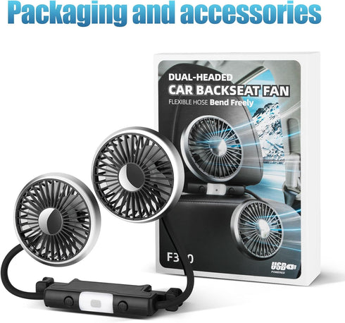 Car Fan, 12V Cooling Fans for Backseat with Little Night Light, Headrest 360° Rotatable Dual Head Back Seat Fan 3 Speed Adjust Vehicles Rear Seat ...