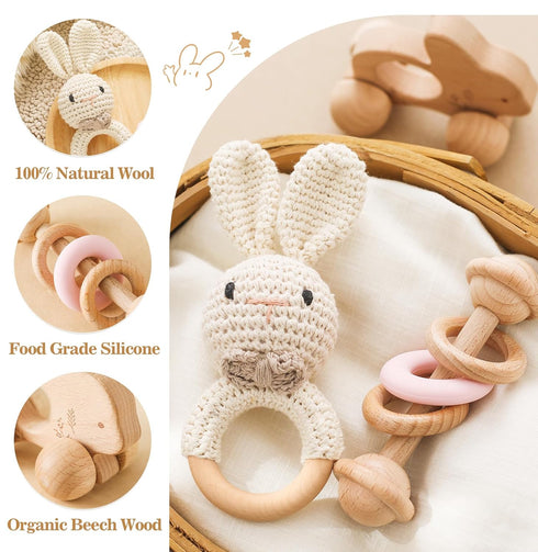 Wooden Baby Rattle 3 PCS Push Car Rattle Set Crochet Rattle Ring Wooden Montessori Toy for Newborn Infant Baby Gifts (Rabbit Rattle)...