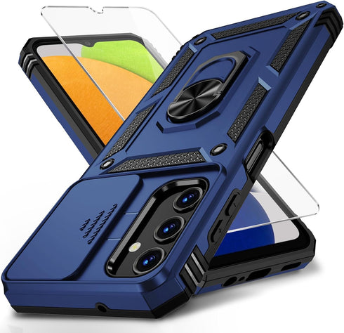 for Samsung Galaxy A03S Case with Slide Camera Lens Cover, HD Screen Protector, Military Grade Drop Protection, Magnetic Rotated Ring Holder Kicks...