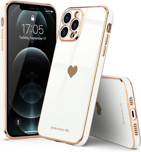 Teageo for iPhone 12 Pro Max Case for Women Girl Cute Love-Heart Luxury Bling Plating Soft Back Cover Raised Camera Protection Bumper Silicone Sho...