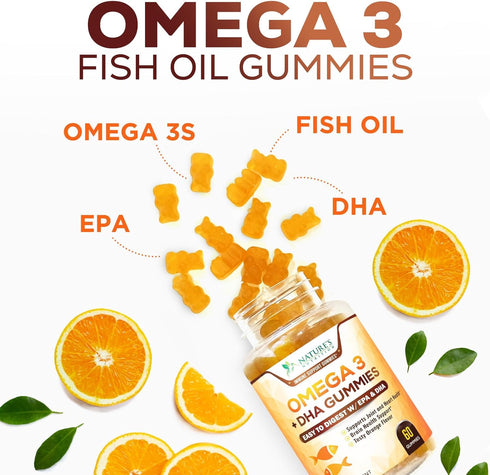 Omega 3 Fish Oil Gummies, Heart Healthy Omega 3 Gummy Supplement with High Absorption DHA & EPA, Extra Strength Joint & Brain Support, Omega 3 Fis...