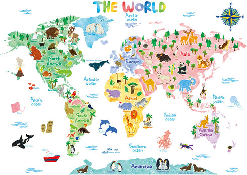 DECOWALL SG2-1615S Animal World Map Kids Wall Decals Wall Stickers Peel and Stick Removable Wall Stickers for Kids Nursery Bedroom Living Room (La...