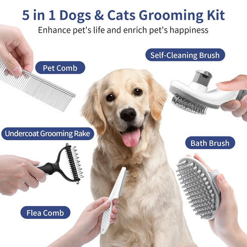 5 in 1 Dog Grooming Kit - Self-Cleaning Slicker Brush for Dogs and Cats - Shedding Brush Set for Short and Long Haired Pets - Includes Pet Comb, F...