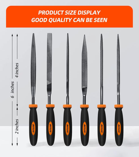 Needle File Set (Carbon Steel 6 Piece-Set) File Handles, Hardened Alloy Strength Steel - Set Includes Flat, Flat Warding, Square, Triangular, Roun...