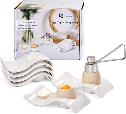 Egg Cups for Soft Boiled Eggs, Ceramic Egg Cup, Soft Boiled Egg Holder 6 + 1 Egg Topper Cutter for Decor/Breakfast/Brunch...
