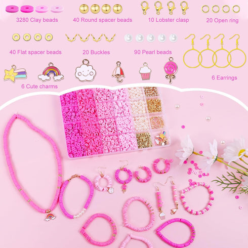 Wuollgess 3500 PCS Pink Clay Beads Kit for Bracelets Making, Polymer Heishi Beads for Jewelry Making, Friendship Bracelet Kit for Girls Adults, Sp...