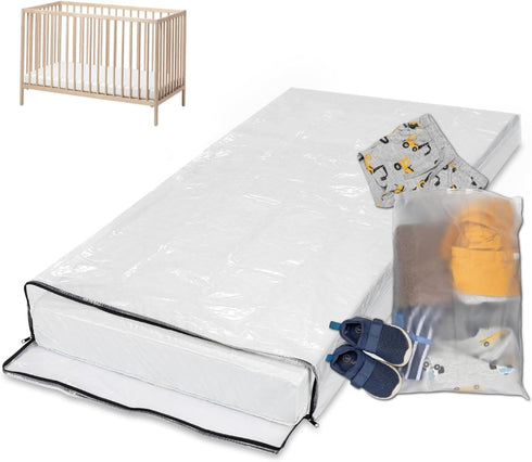 Crib Mattress Storage Bag with Zipper, 5 Mil Clear Plastic Cover for Moving, Includes Accessory Bags...