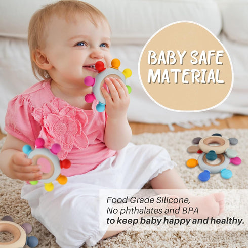 Baby Teething Toys, Silicone Chewable Teethers with Wooden Ring for Soothing Babies Gums, Rudder Chewers Shower Gift for lnfants & Toddlers, 4+ Mo...