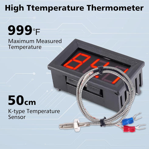PEMENOL 12V Red Fahrenheit Digital Temperature Meter -76F~999F LED Display with Industrial Grade 0.5m K-Type Thermocouple Temperature Sensor M6...