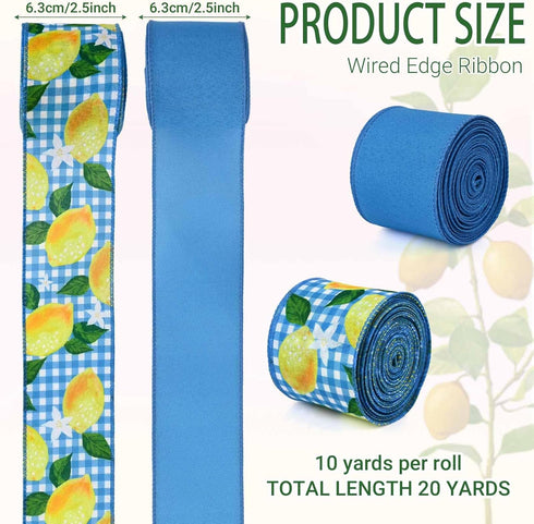 2 Rolls 20 Yards Blue Tile Lemon Wired Edge Ribbon Yellow Summer Fruit Flower Printed Fabric Ribbon for Baby Shower Birthday for Gift Wrapping Wre...