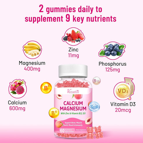 2 Pack Calcium Magnesium Zinc Gummies with Vitamin D3 & B12, Sugar Free Calcium Supplements for Women Men, Vegan Peach Flavor…...